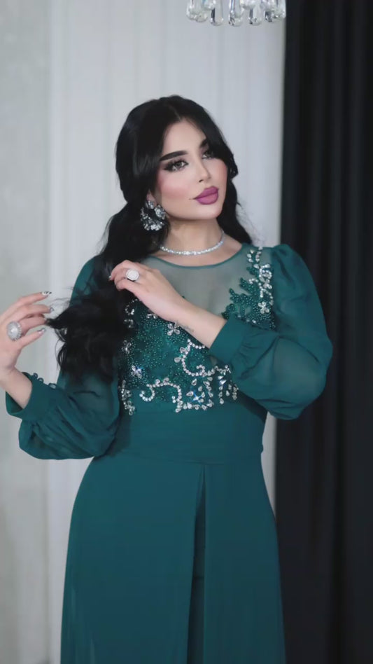 Embellished Wide-Leg Jumpsuit with Sheer Balloon Sleeves- Couture