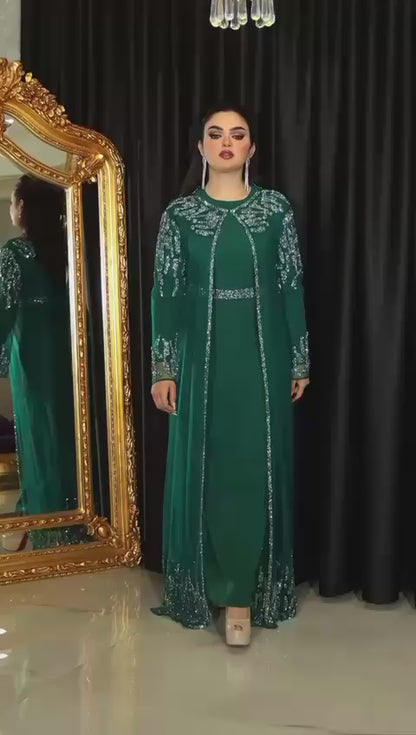 Long Sleeve Sequined Kaftan with Round Neckline- Couture