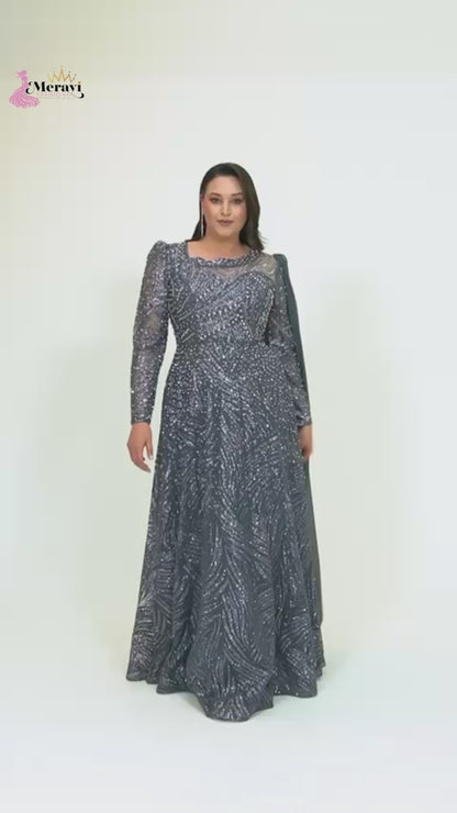 Illusion Neckline Long Sleeve Sequined A-Line Gown - Couture
