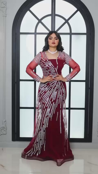 Long Sleeve Mermaid Dress with Sequin Detailing- Couture