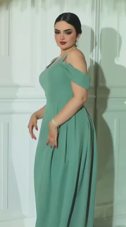 Amethyst Elegance Gown with Off-Shoulder Grace - Evening