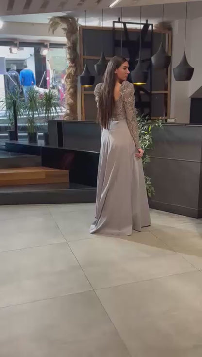 Long Sleeve Embellished A-Line Gown with Slit