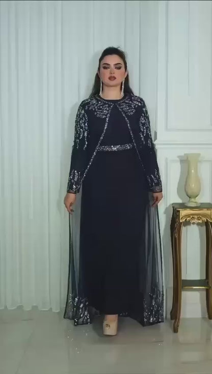 Long Sleeve Sequined Kaftan with Round Neckline- Couture