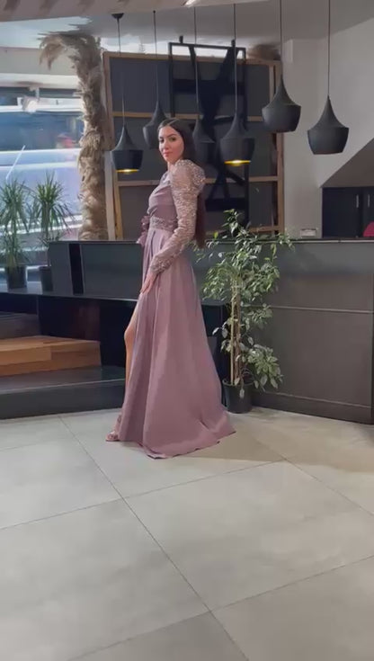Long Sleeve Embellished A-Line Gown with Slit