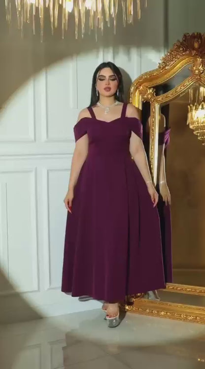 Amethyst Elegance Gown with Off-Shoulder Grace - Evening