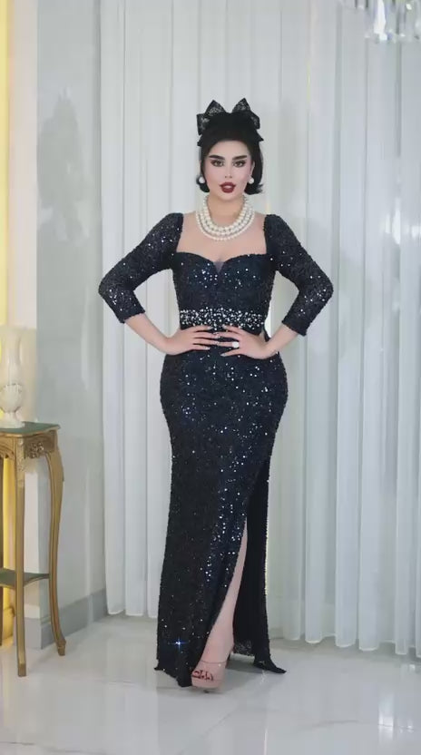 Sweetheart Mermaid Dress with Sequined Long Sleeves- Couture