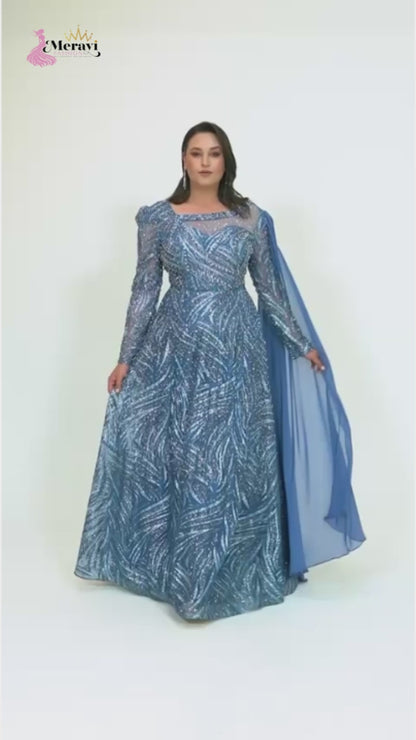 Illusion Neckline Long Sleeve Sequined A-Line Gown - Couture