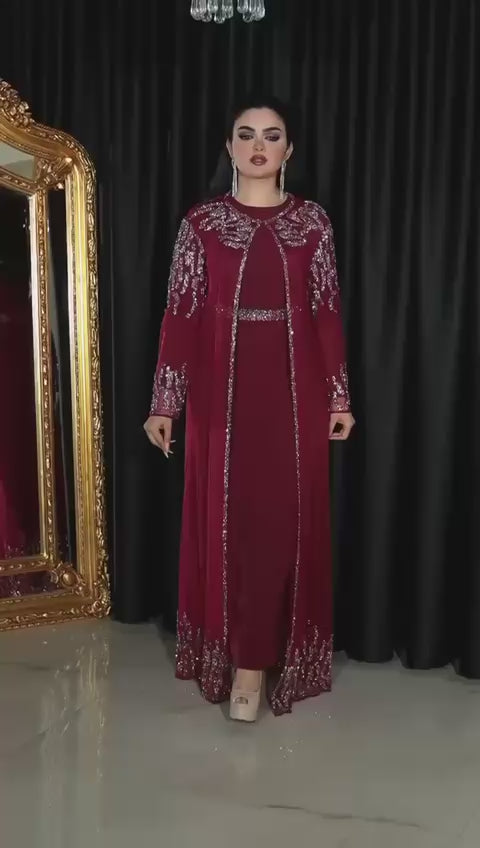Long Sleeve Sequined Kaftan with Round Neckline- Couture