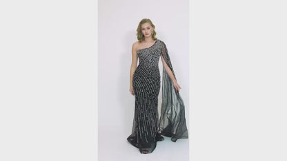Radiance One-Shoulder Gown with Beaded Cape
