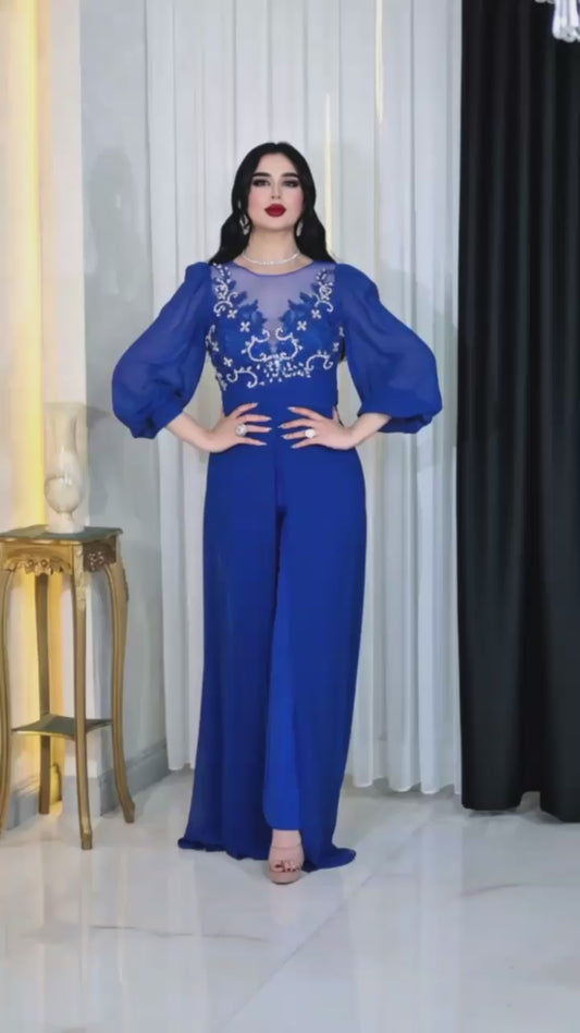 Embellished Wide-Leg Jumpsuit with Sheer Balloon Sleeves- Couture