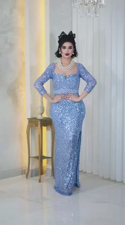 Sweetheart Mermaid Dress with Sequined Long Sleeves- Couture