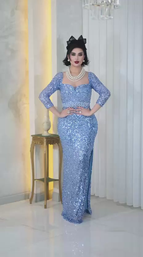 Sweetheart Mermaid Dress with Sequined Long Sleeves- Couture