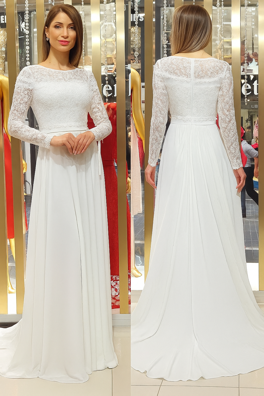 Lace Bodice Long Sleeve A-line Dress
